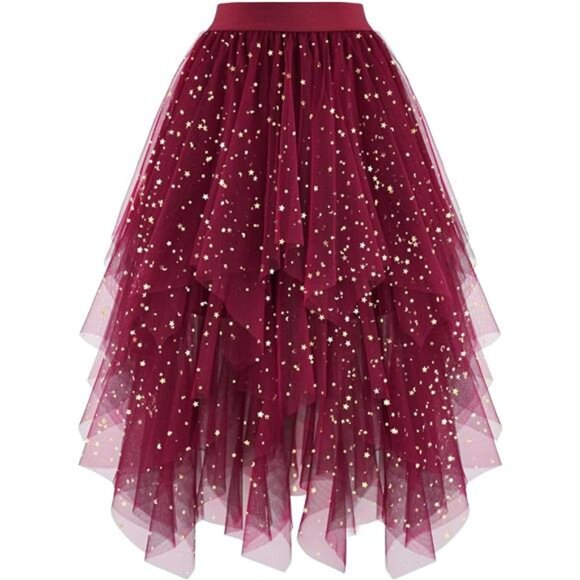 Women's Tulle Skirts High Low Burgundy Sequin - Picture 1 of 4